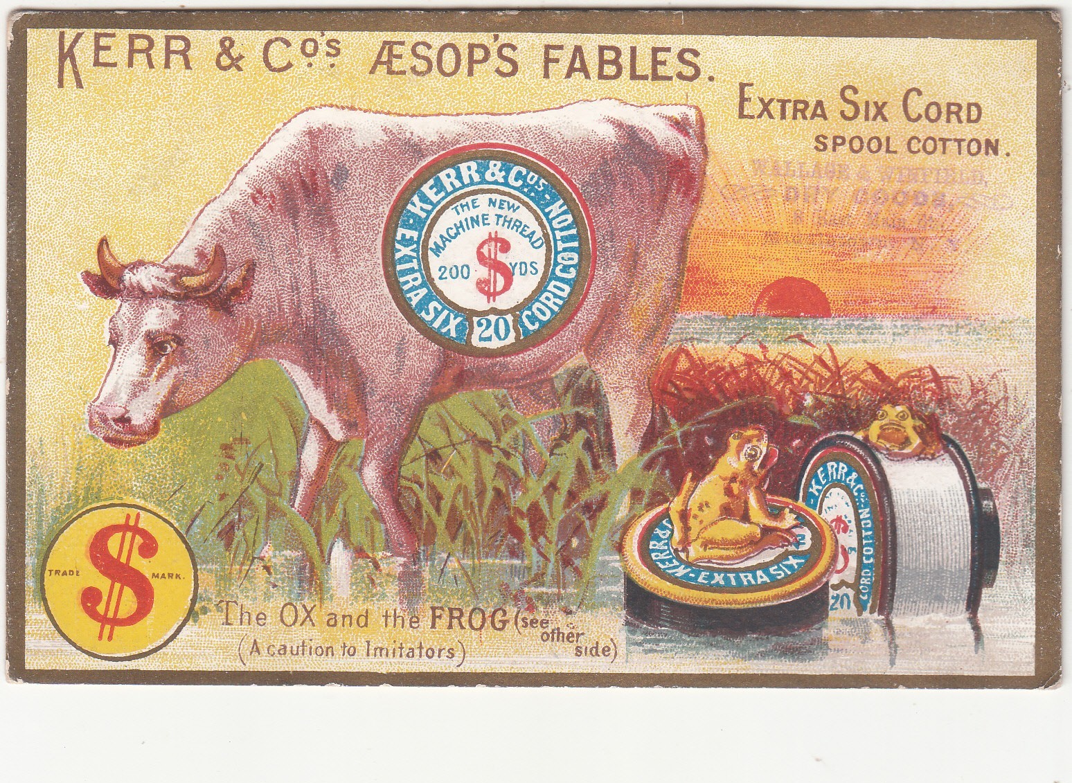 Kerr Co Thread Aesop’s Fables Wallace & Winfield Middletown Ox Frog Card c1880s