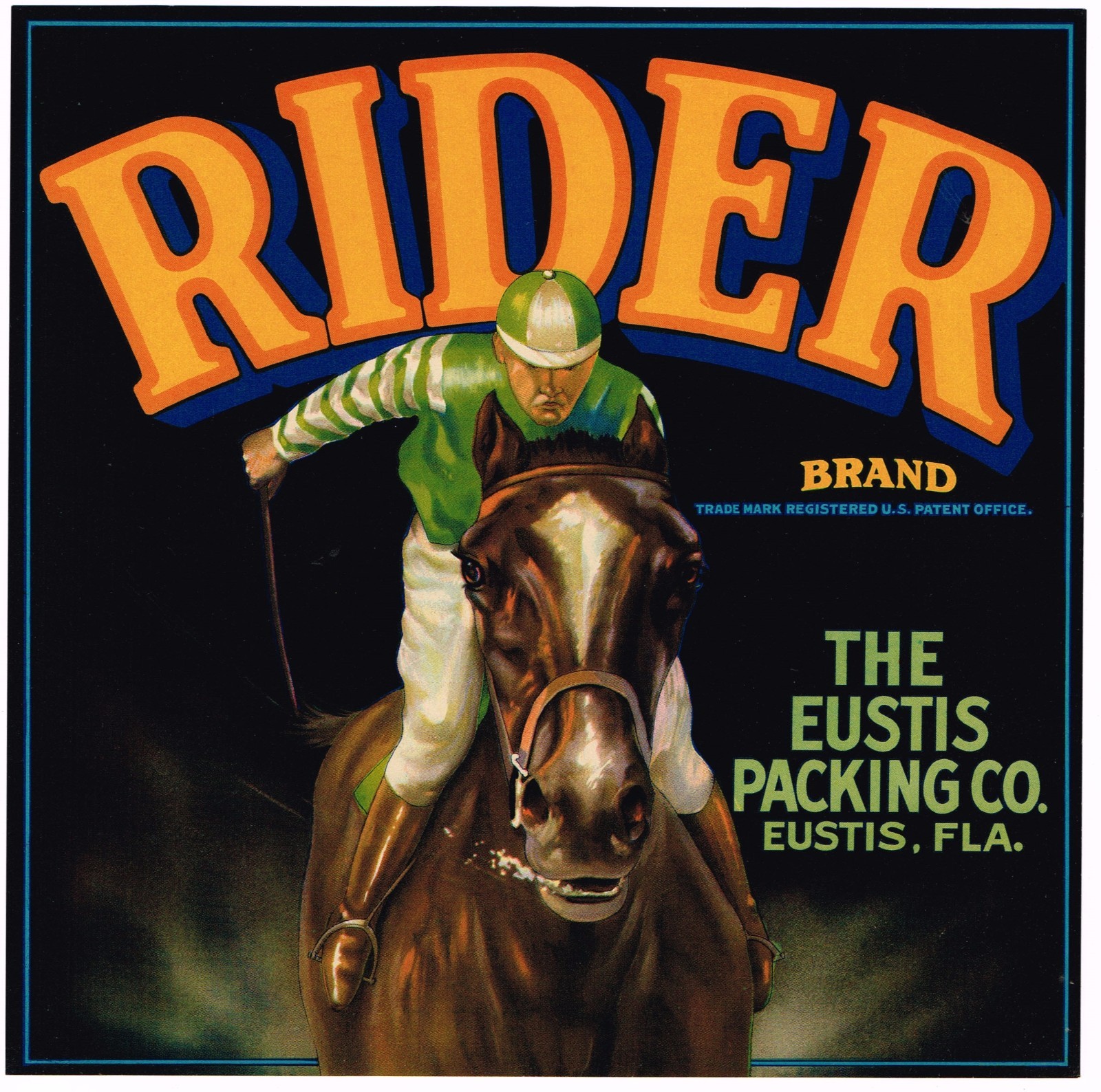 ORIGINAL CRATE LABEL FLORIDA RIDER JOCKEY VINTAGE HORSE RACING 1930S EQUESTRIAN