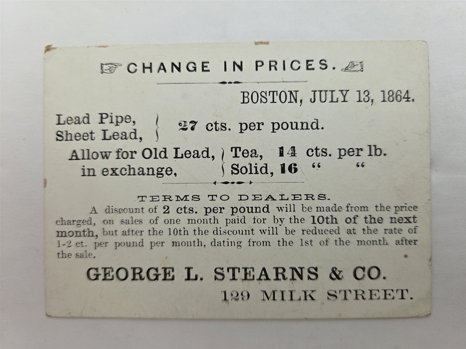 1864 antique GEORGE L STEARNS & CO boston ma LEAD PIPE PRICE LIST trade card 27c