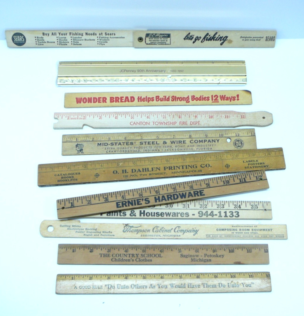 Mixed Lot Of 10 Vintage~ Wood One Metal – Coke Wonder Bread Advertising Rulers