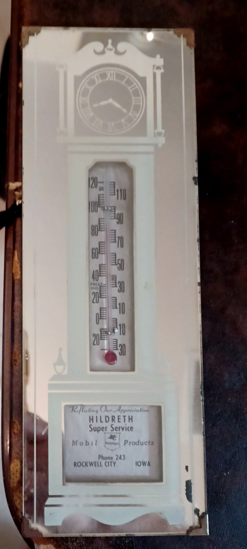 Vtg Advertising Thermometer Mirror Mobilegas Rockwell City Iowa JRR43