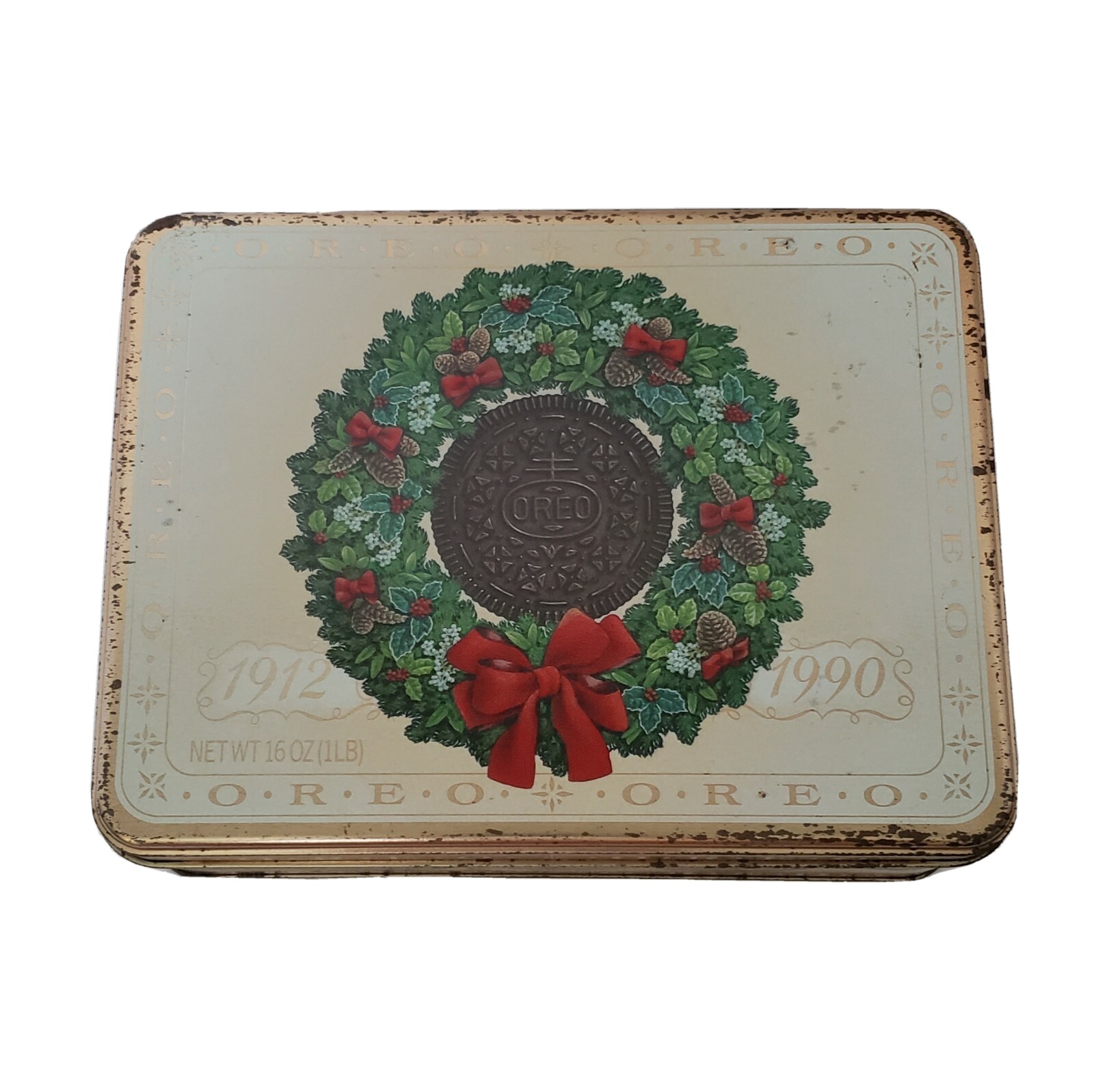 Oreo Cookies Vintage Tin 75th Anniversary 1912-1990 Christmas Wreath, Rust