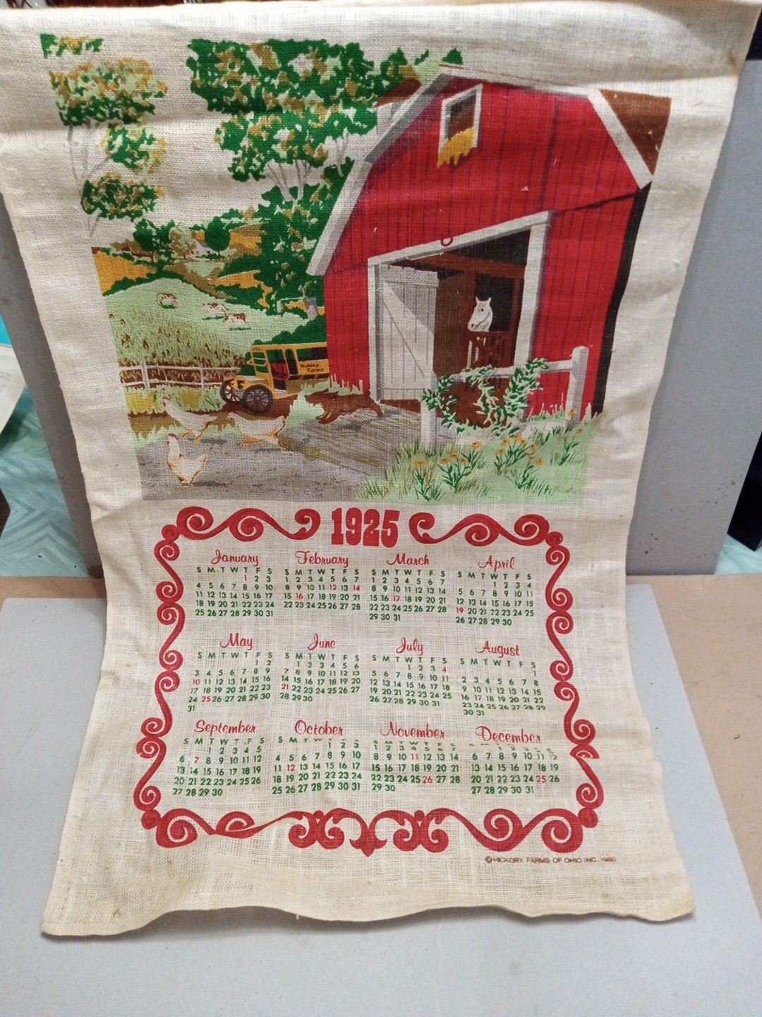Vintage 1925 – 1980 Cloth Calendar Wall Hanging Farm Barn Sean.