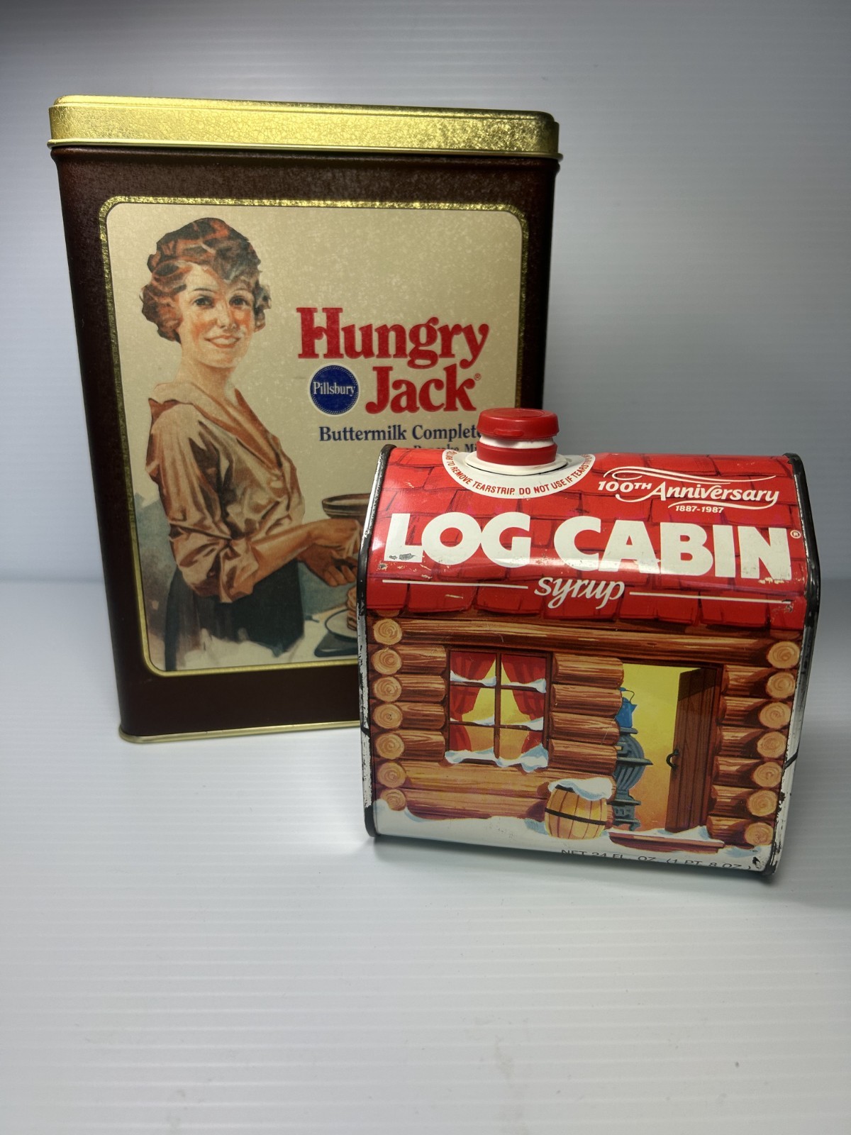 2 Tins ~ Pillsbury Hungry Jack Pancakes and Log Cabin Syrup 100th Anniversary