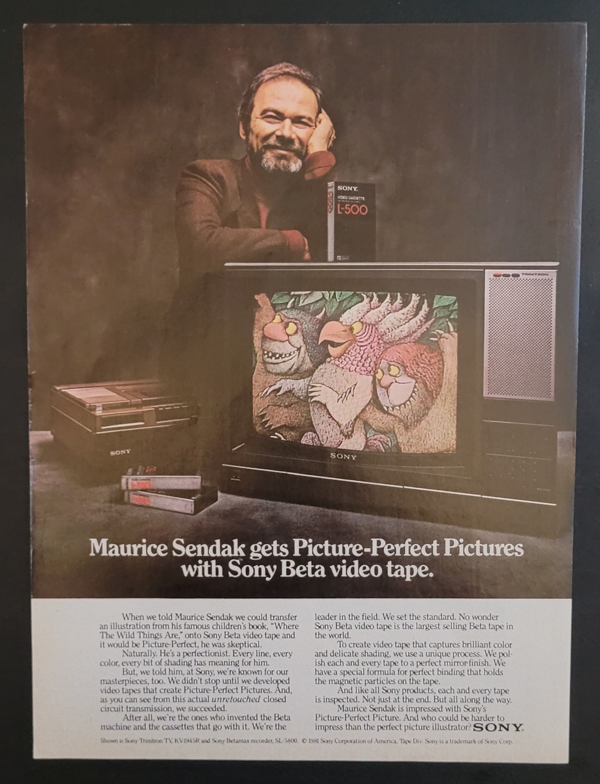 1981 Sony BetaMax Home Video Vintage 8×11″ Print Ad Maurice Sendak Ephemera