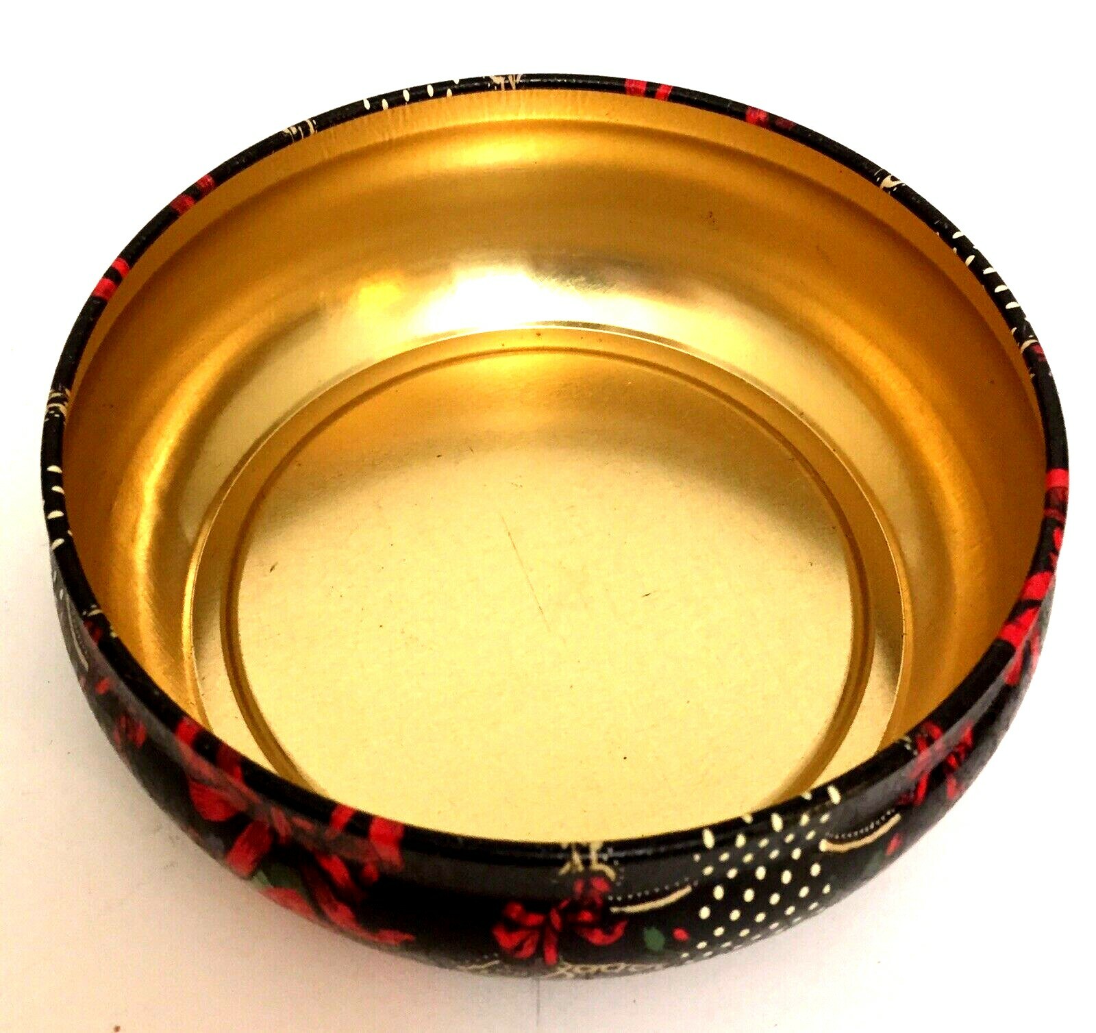 Vintage Nobel Hall? Round EMPTY Tin Red Bow Roses Black Polka Dots Lace 5 1/4″