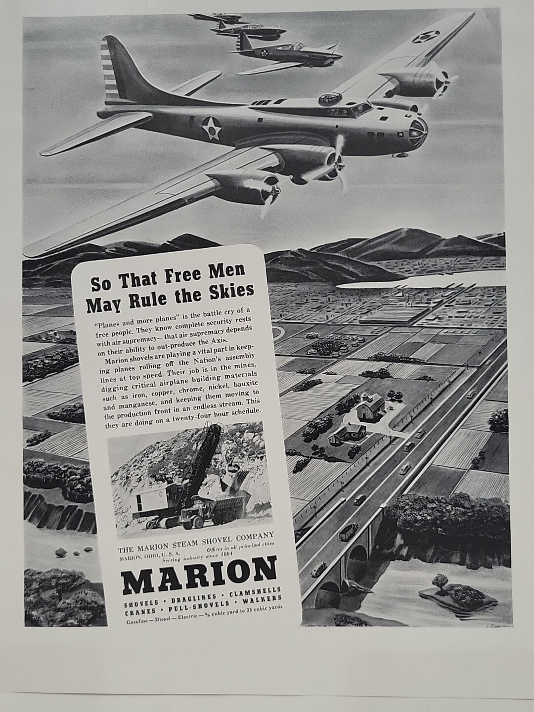1942 Marion Steam Shovel Company Fortune WW2 Print Ad Q3 U.S. Bomber Airplanes