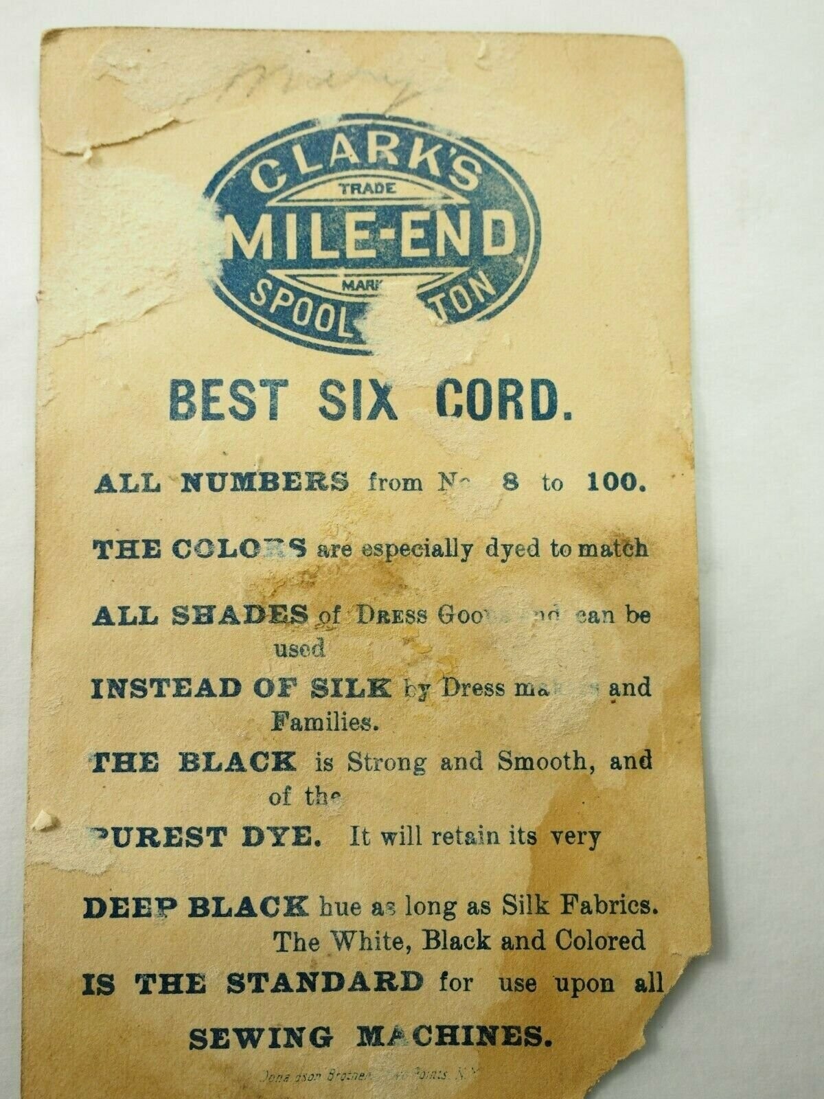 Clark’s “Mile-End” Spool Cotton Best Six Cord Victorian Trade Card 1880’s