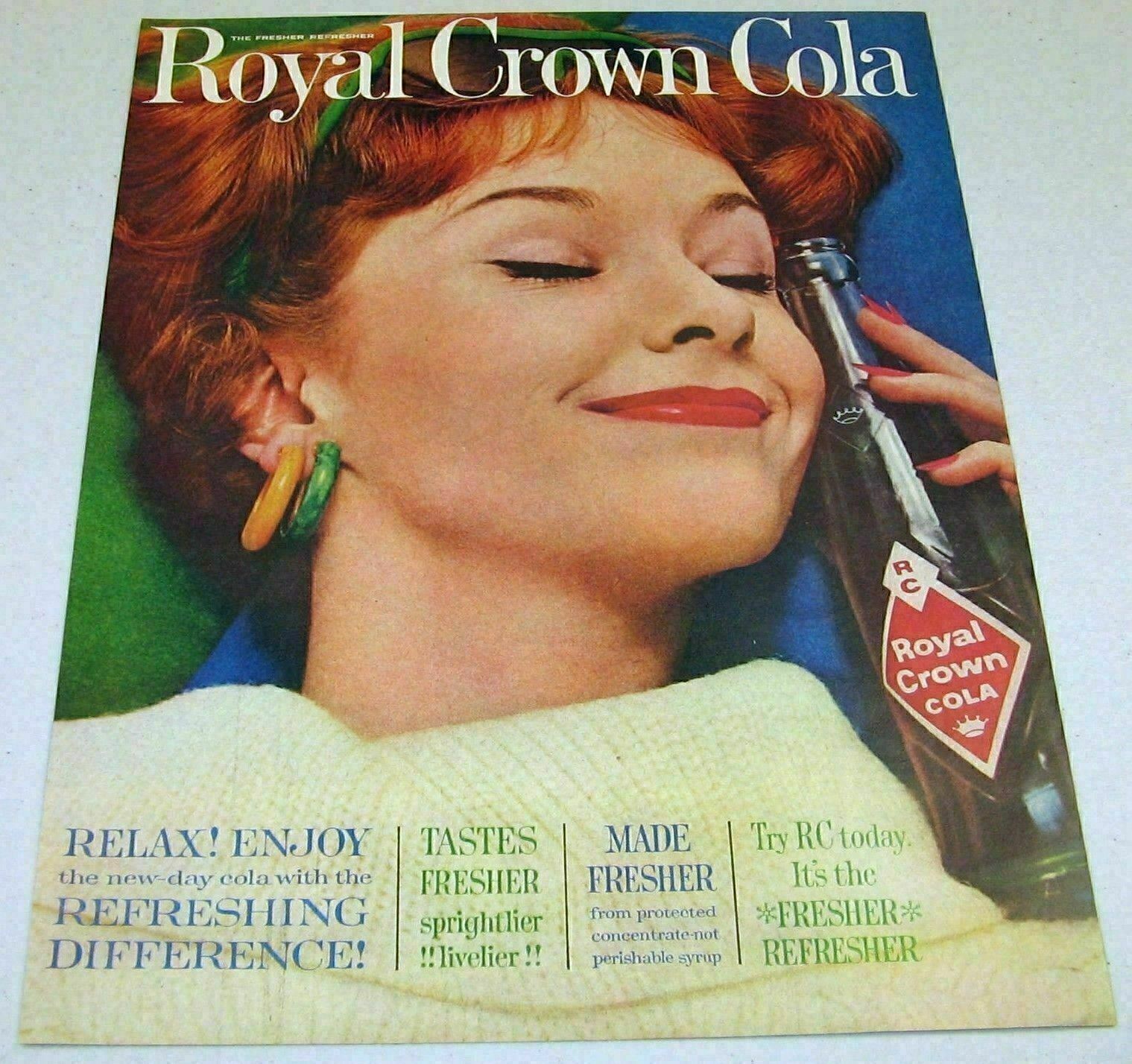 1961 Print Ad Royal Crown Cola Happy Lady with Bottle of RC Cola