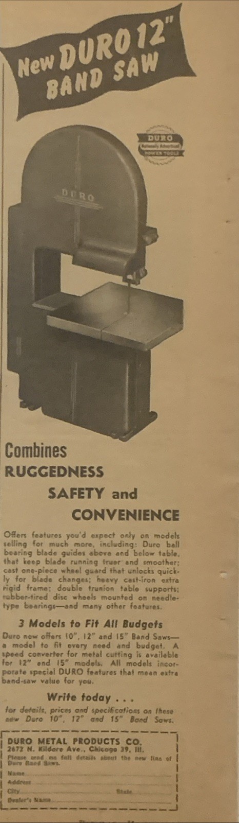 1951 Duro Metal Products PRINT AD 12″ Band Saw – Woodworking VTG 1950s Chicago