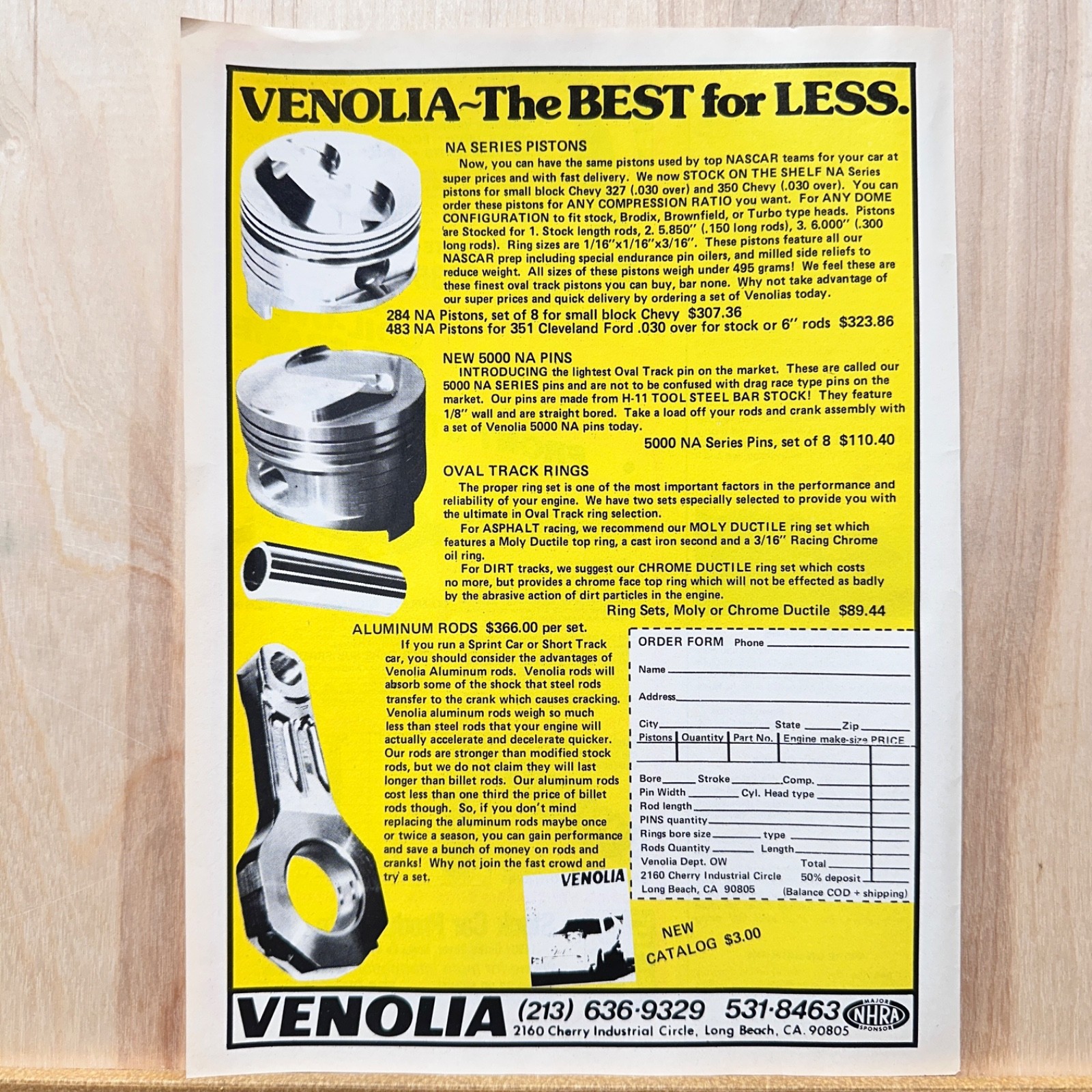 1982 Venolia Racing Pistons Rods Long Beach CA Vintage Print Ad Auto Advert Art