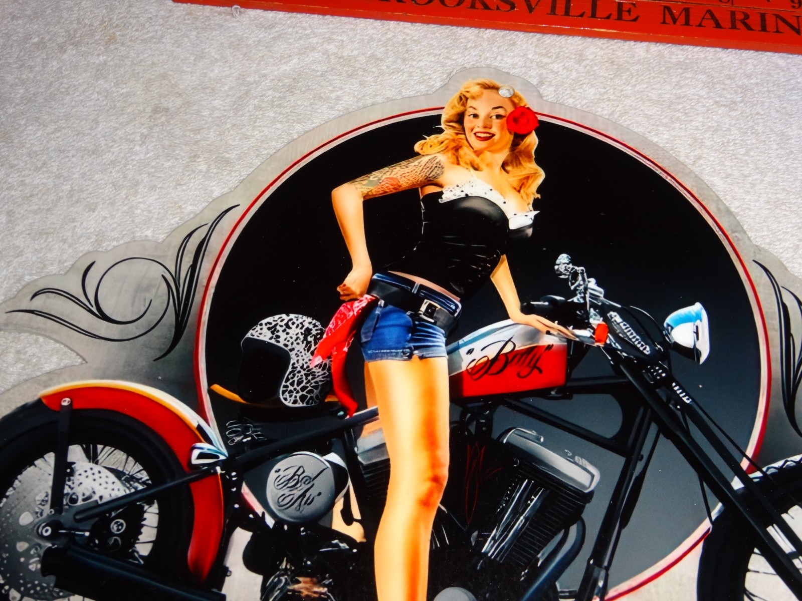 VINTAGE BETTY FEMALE TATTOO MODEL MOTORCYCLE PORCELAIN METAL GASOLINE & OIL SIGN