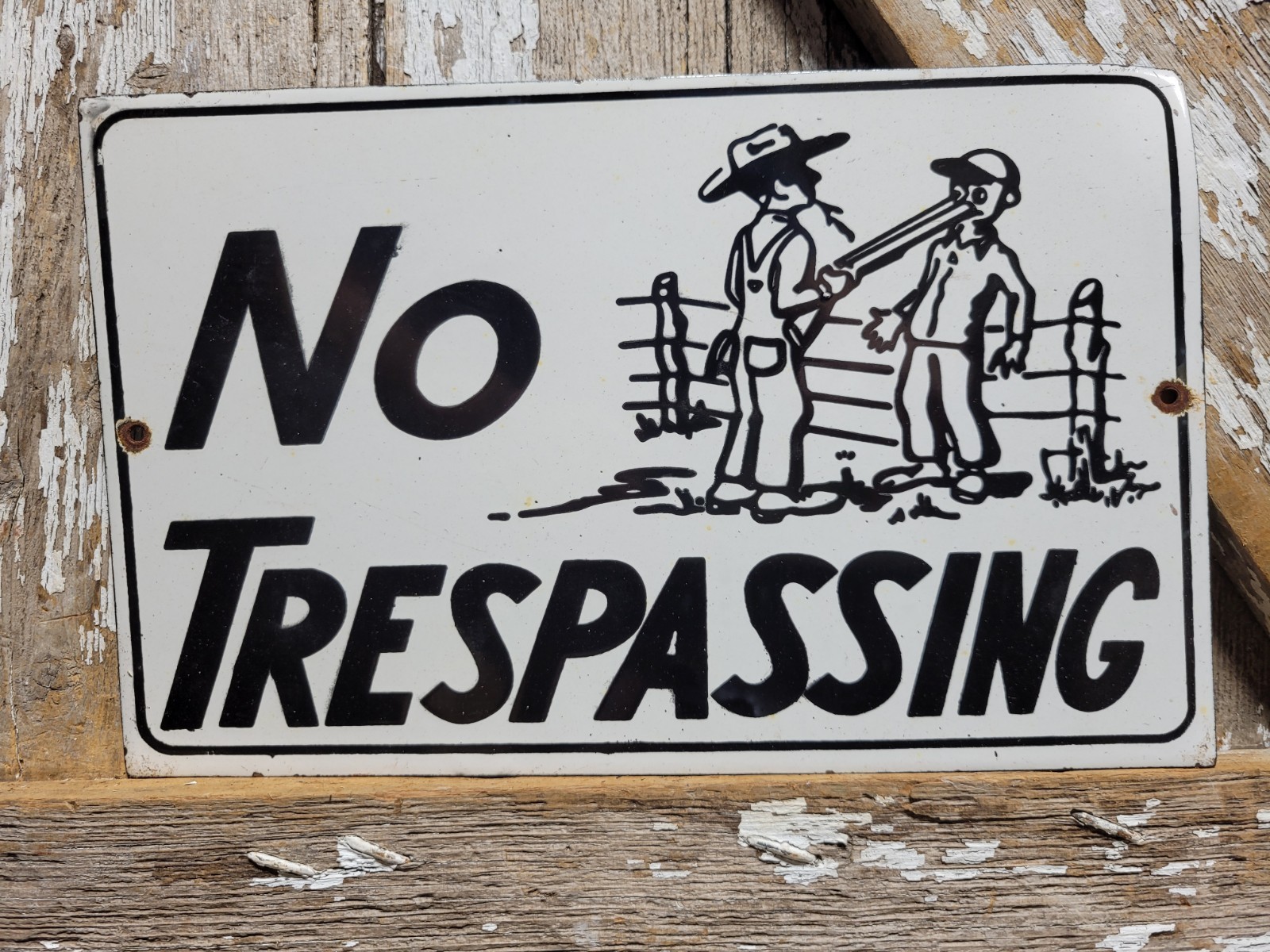 VINTAGE NO TRESPASSING PORCELAIN SIGN OLD FARM RANCH PRIVATE PROPERTY AMERICANA