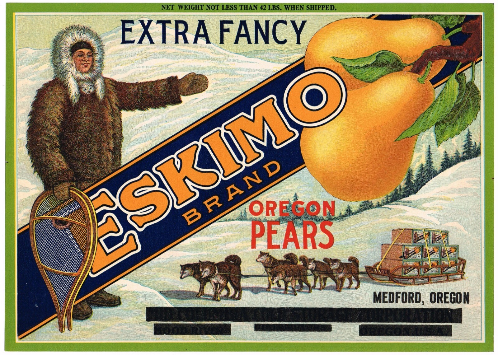 ORIGINAL CRATE LABEL VINTAGE MEDFORD OREGON ESKIMO PEAR SNOWSHOE C1920S MINT