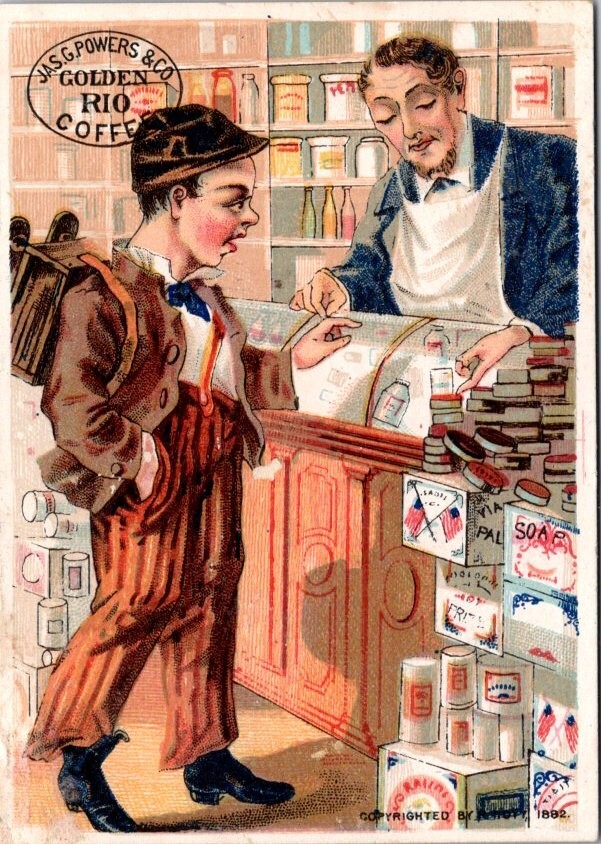 Jas G Powers Golden Rio Coffee Store Counter Shopkeeper Customer Pack Back JQV5