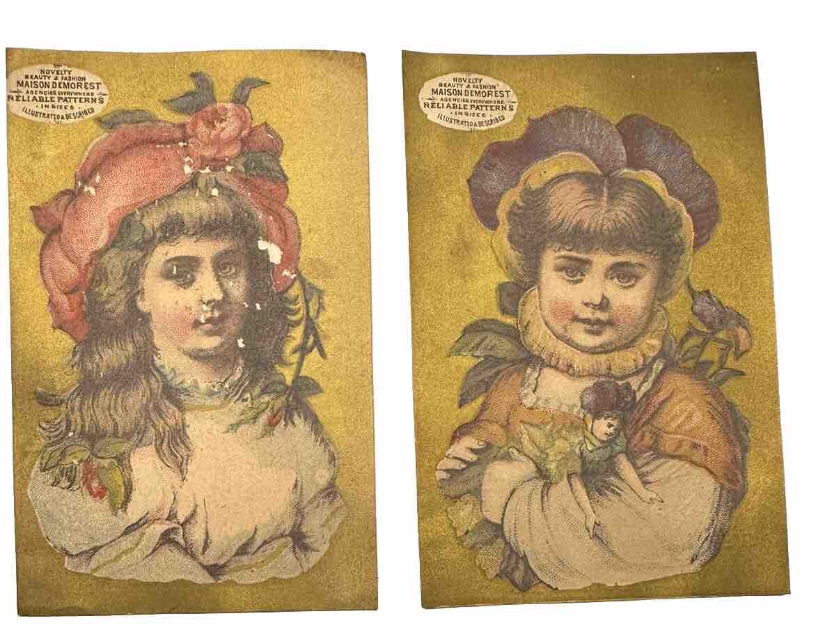 2 Victorian trade cards Demorest Sewing Patterns Emporium fashions Paris NY B62