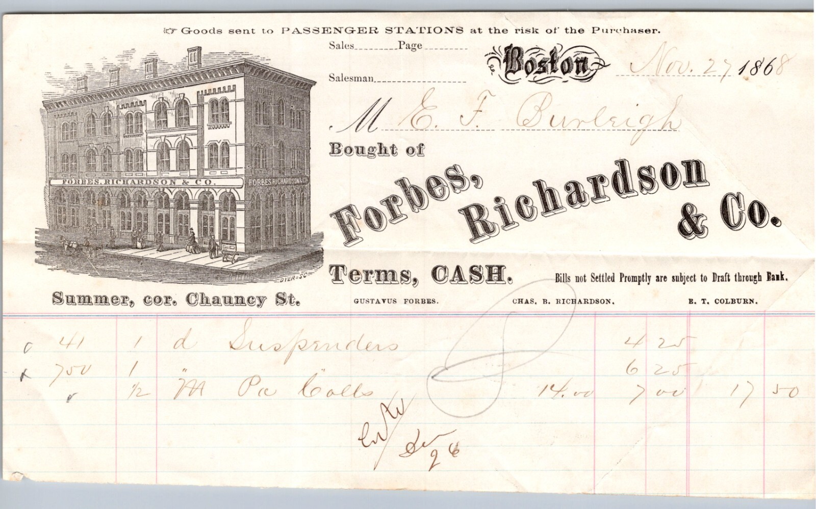 1868 advertising billhead FORBES RICHARDSON & CO BOSTON general merchandise