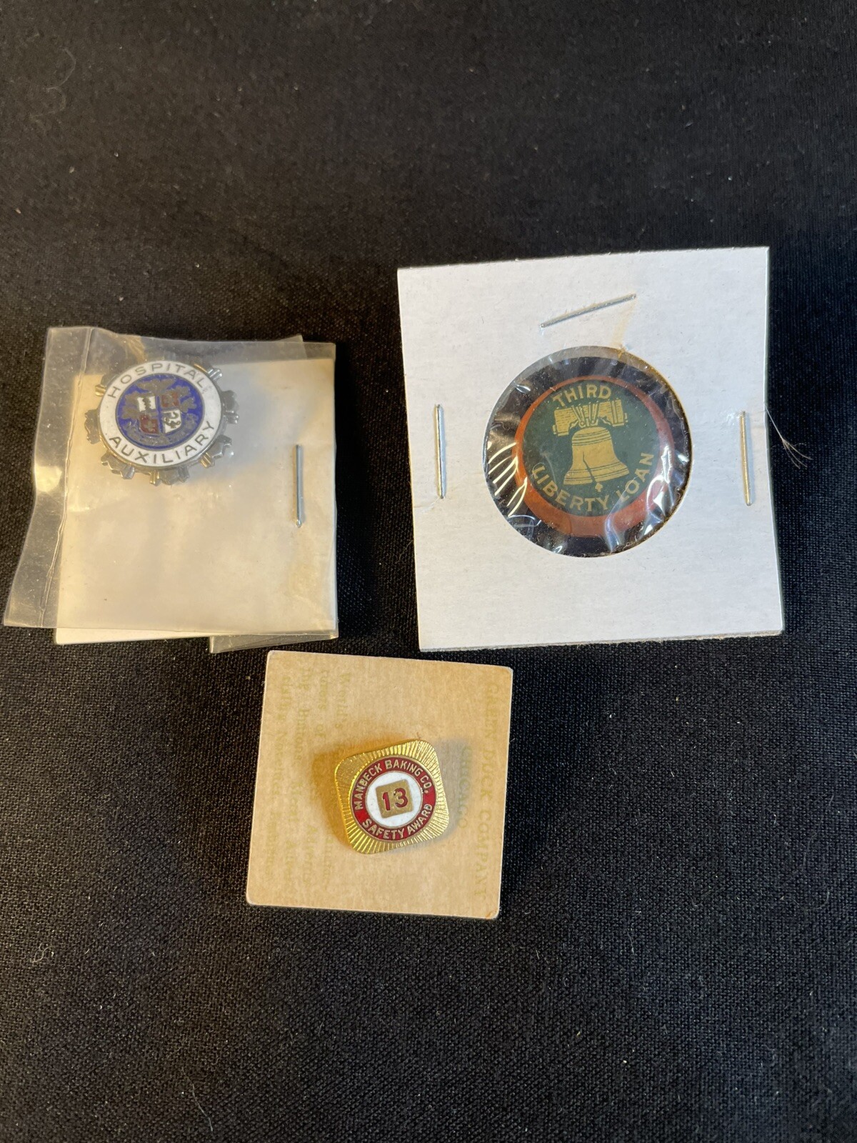 3 Vintage Advertising Pins-Manbeck Baking Co, 3rd Liberty Loan & Hospital Aux.
