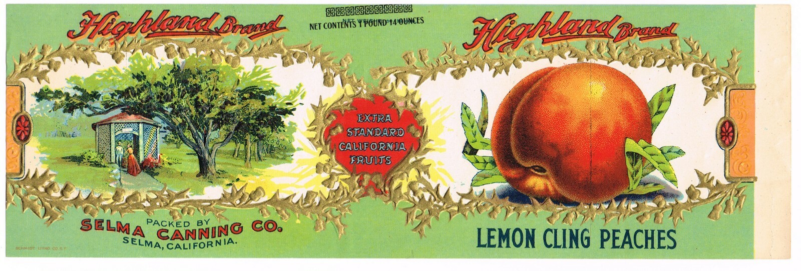 ORIGINAL C1910 VINTAGE CAN LABEL EMBOSSED HIGHLAND BRAND SELMA CALIFORNIA PEACH