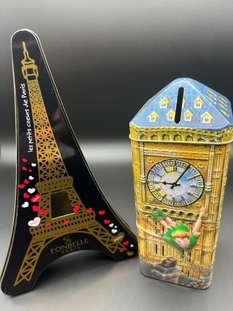 Churchill’s Peter Pan Tinkerbell Piggy Bank Box Tin VTG & Fonbelle Paris Tin 
