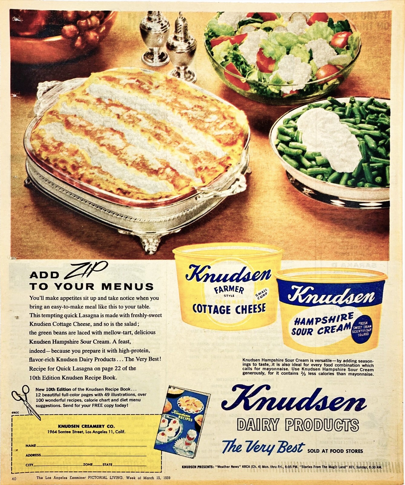 Knudsen Dairy Products Cottage Cheese Hampshire Sour Cream Vtg Magazine Print Ad