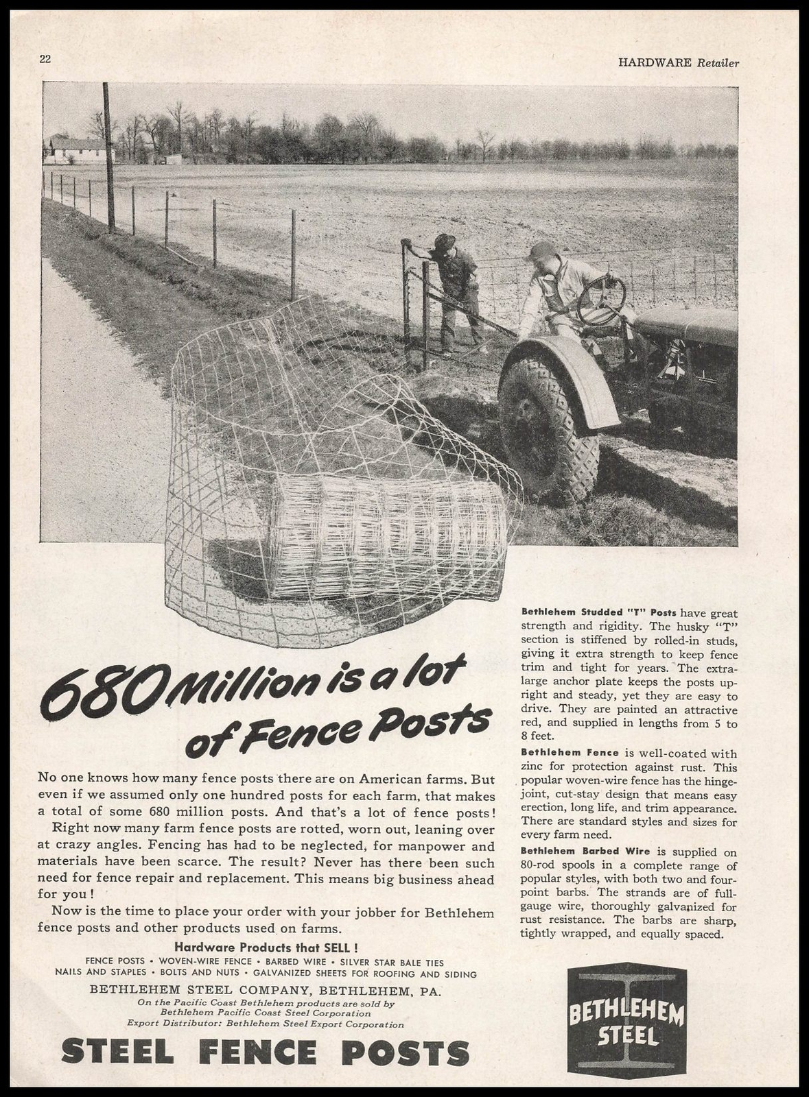 1948 Bethlehem Steel Co. Pennsylvania Photo Husky T Fence Posts Vintage Print Ad