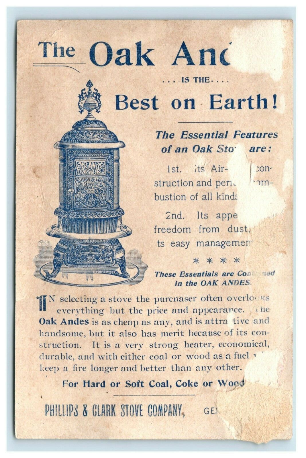 1880’s Oak Andes Phillips & Clark Stoves Trade Card F57