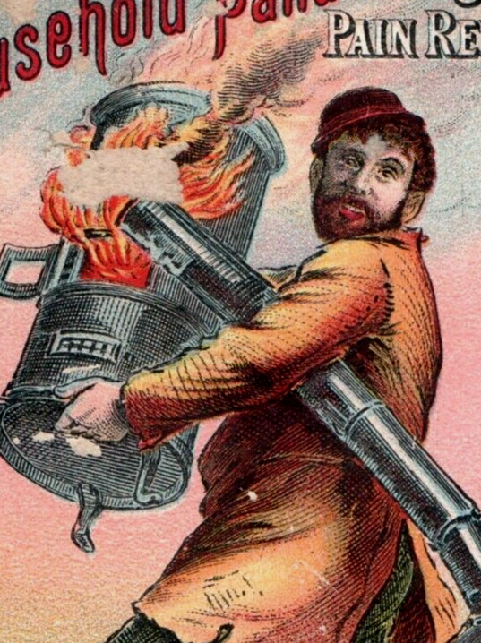 1880s Brown’s Household Panacea Quack Med. Man Exploding Stove F129