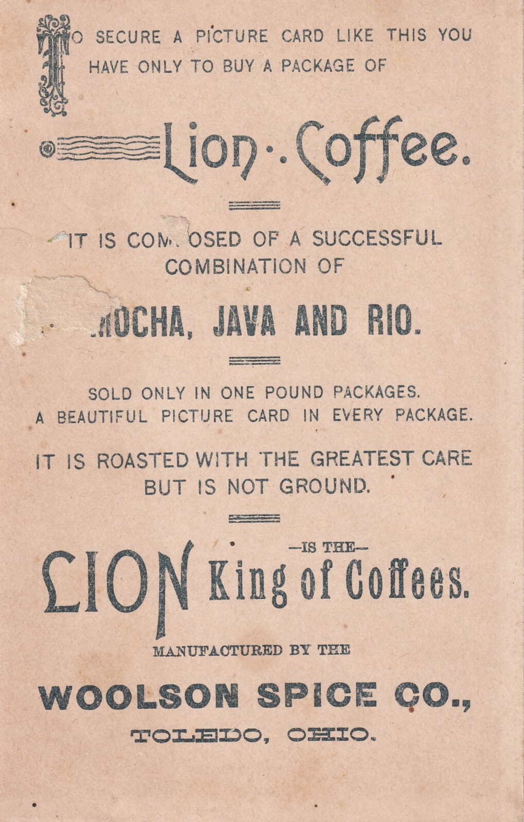 Woolson Spice Co. Victorian Trade Card Ship & Rose Lion Coffee Toledo OH