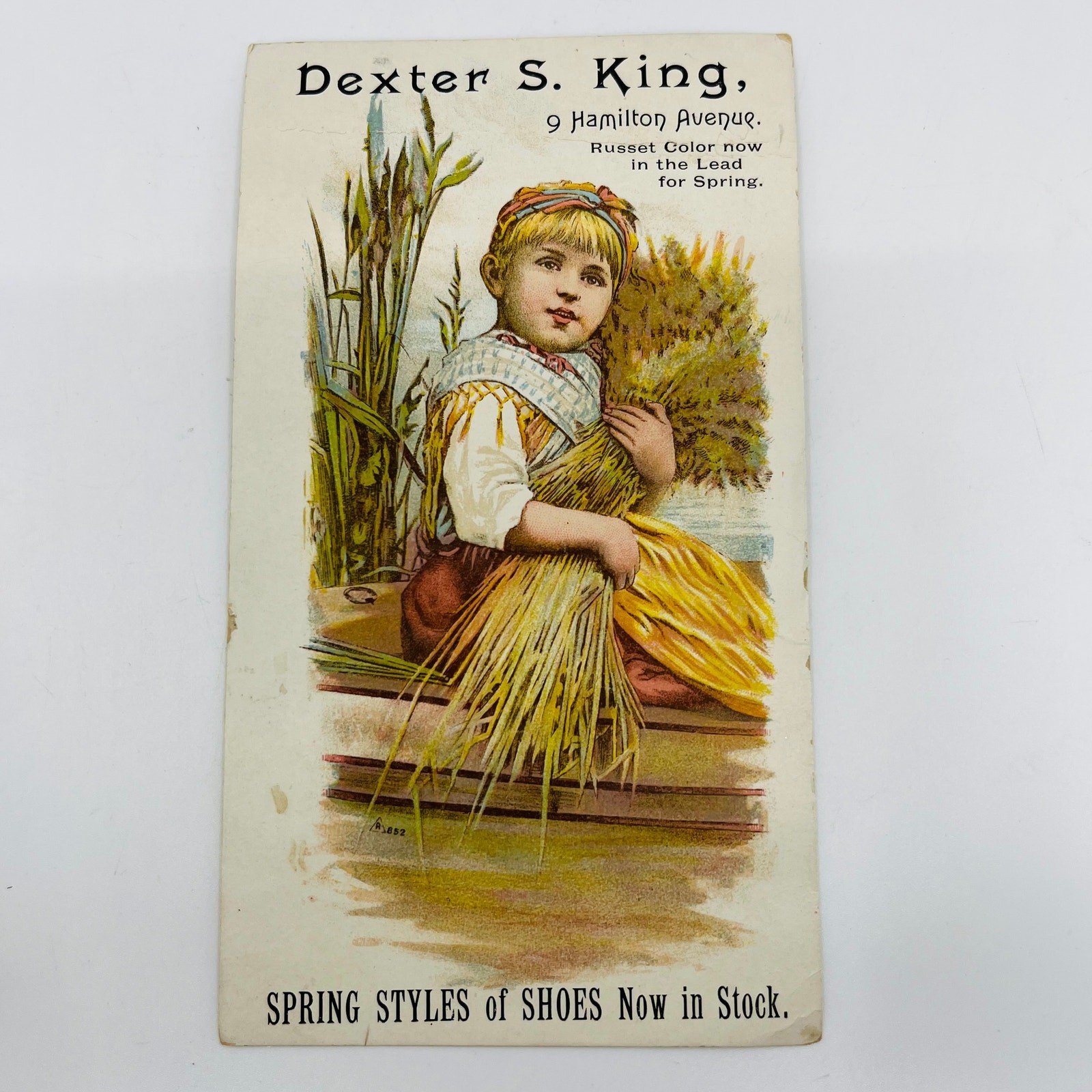 1880s Victorian Trade Card Dexter S. King Spring Shoes Hamilton Ave. Lynn MA AA5