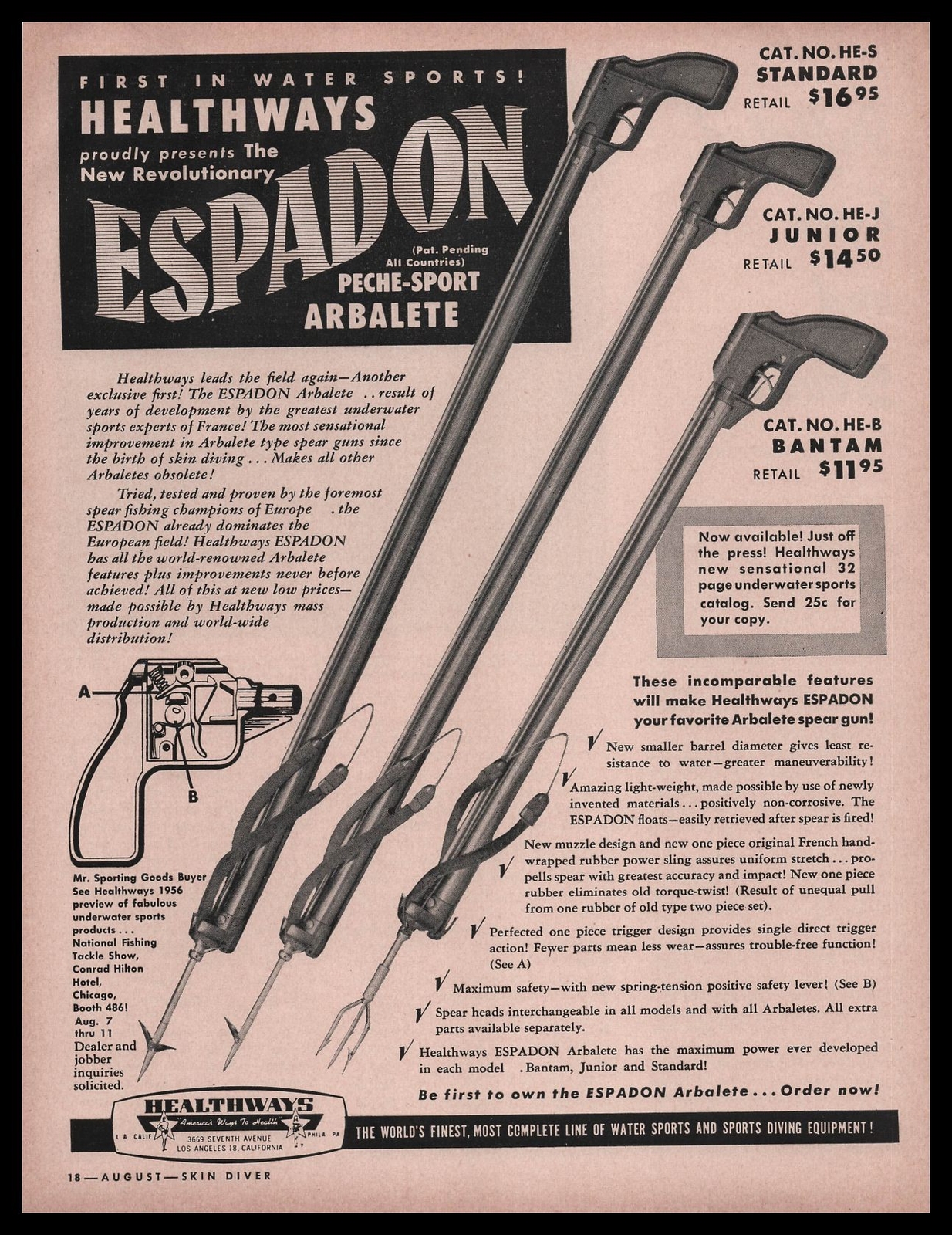1955 Healthways Los Angeles CA Espadan Peche-Sport Arbalete Spear Guns Print Ad