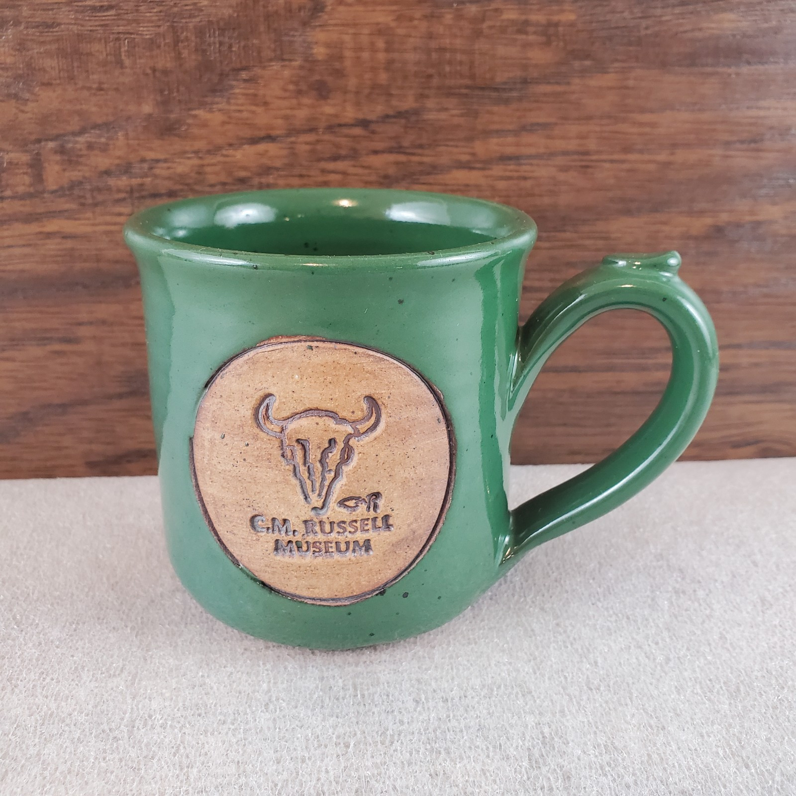 Artist C.M. RUSSELL MUSEUM Hand Thrown Stoneware Pottery Coffee Mug green