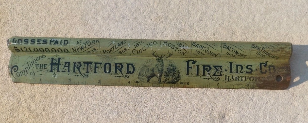 Hartford Fire Insurance Co 9″ Metal Ruler Paper Cutter Green Antique 1885 Patent