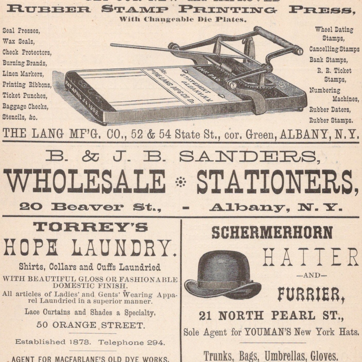 1887 Rubber Stamp Printing Press Wax Seals Lang Mfg Co Albany NY Print Ad