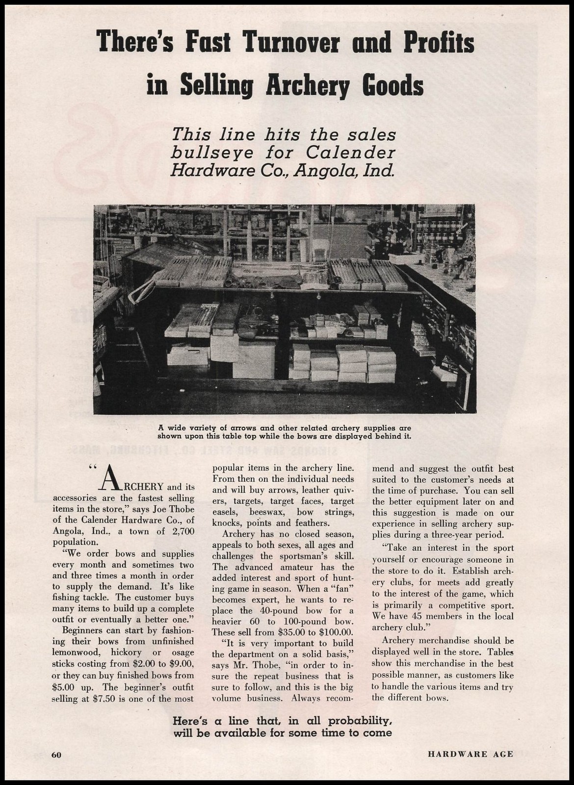 1942 Calender Hardware Co. Store Photo Angola Indiana Archery Article Print Ad