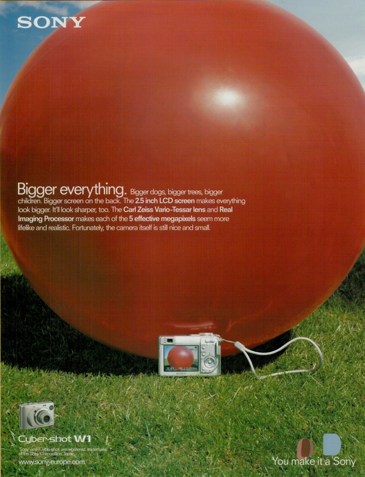 2004 Sony Cyber-shot W1 Bigger Screen Zeiss Big Red Balloon Vintage Print Ad