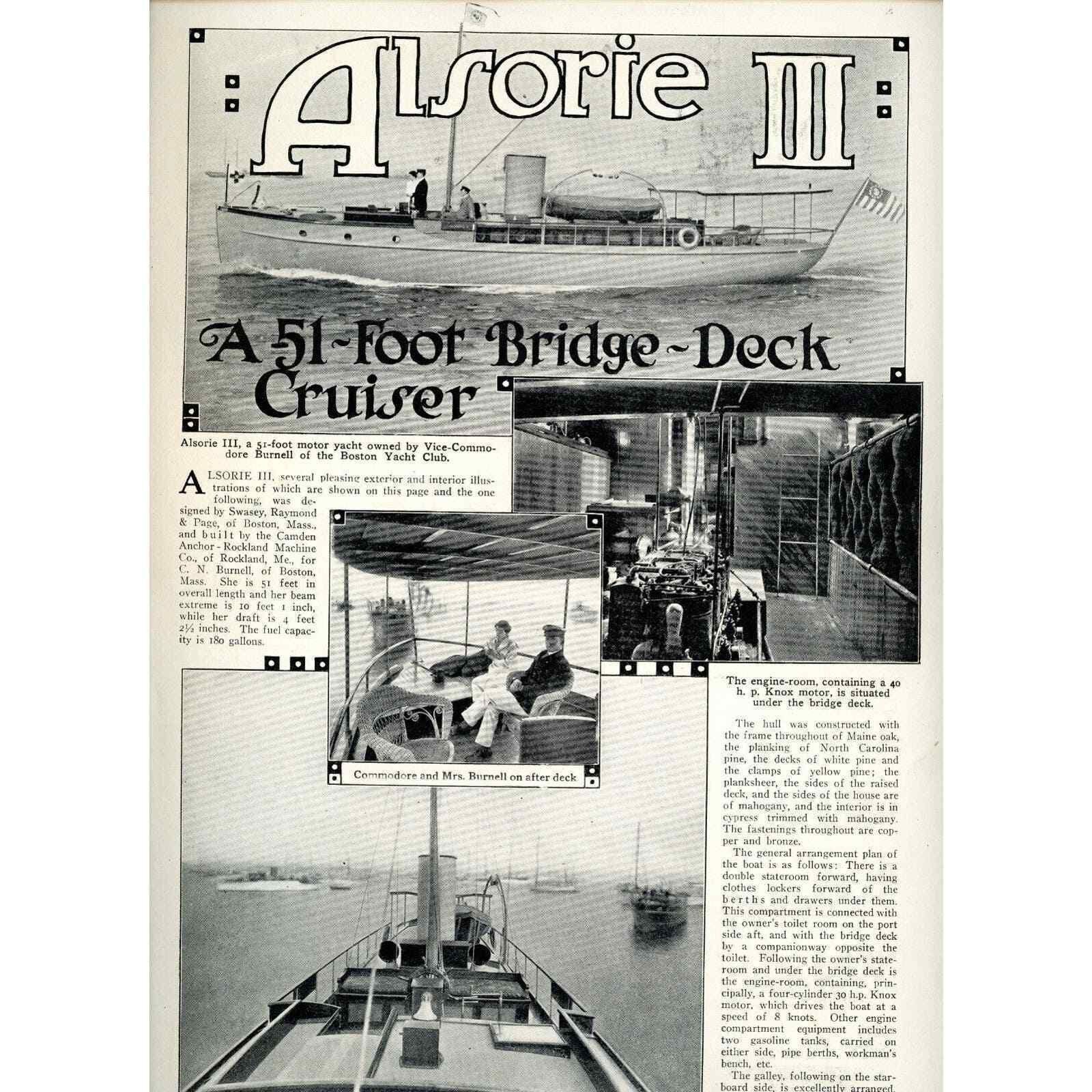1915 Print Ad Alsorie III 51 Foot Bridge Deck Cruiser Motor Yacht Club Burnell!