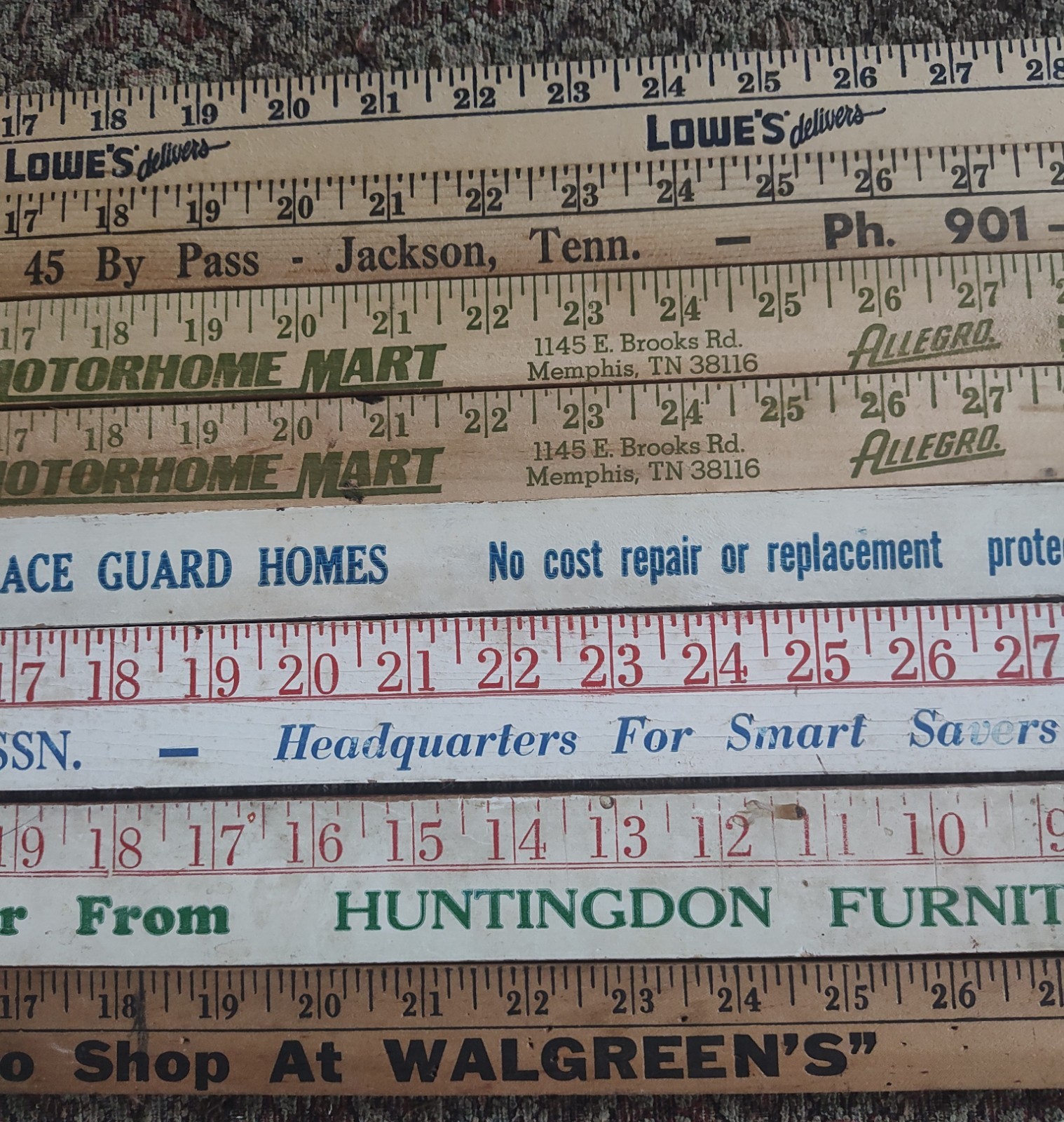 Lot of 8 Vintage Wooden Yardsticks Advertising Walgreen’s Winnebago Lowe’s