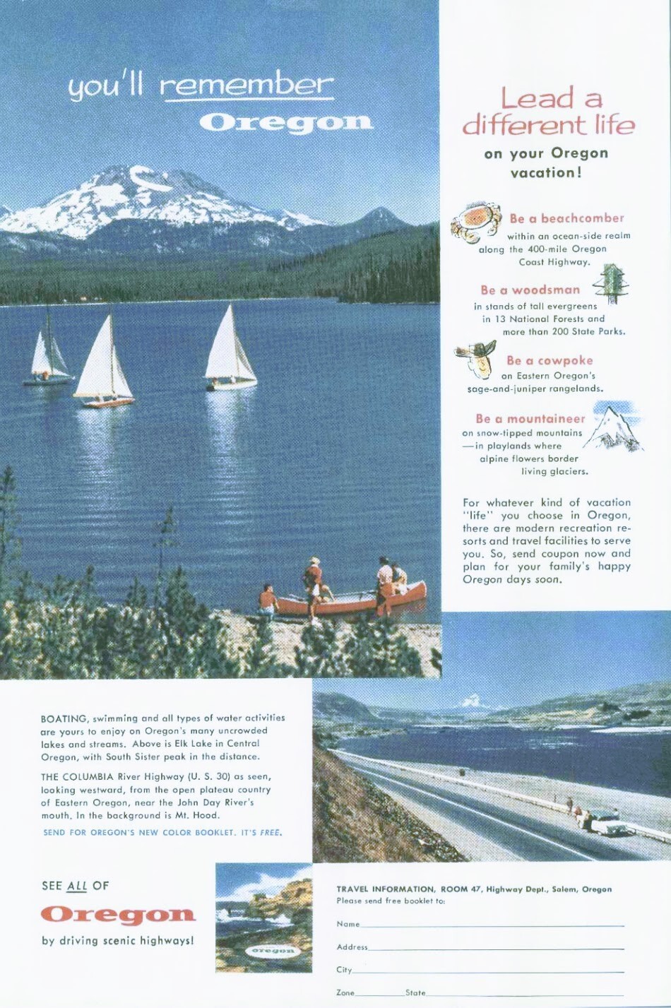 1957 Oregon Vacation Vintage Color Print Ad Travel Ephemera