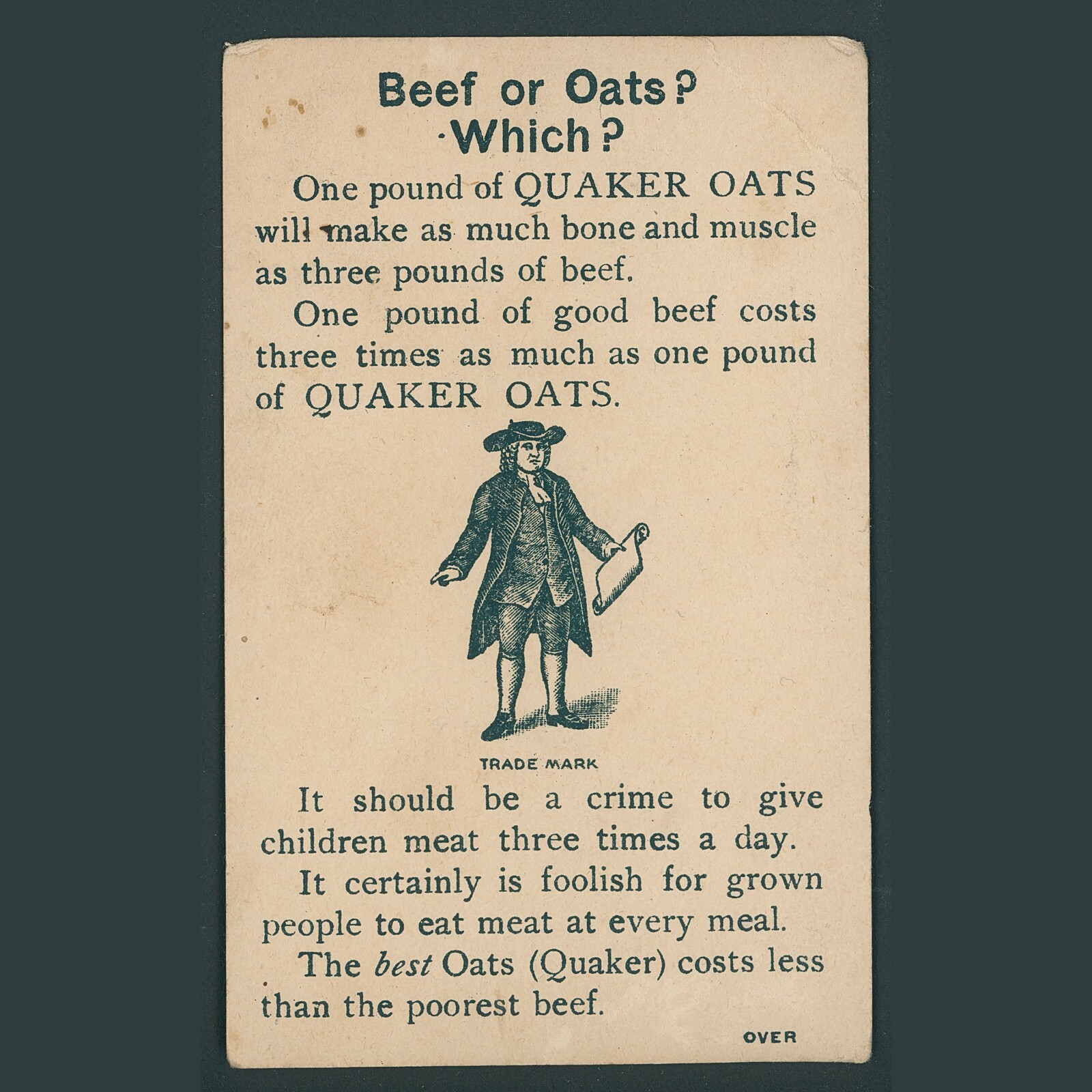 Victorian Trade Card 1893 Quaker Oats Three Little Girls Wearing Bonnets