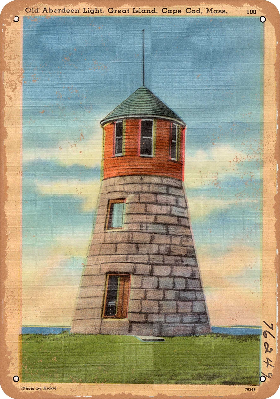 METAL SIGN – Massachusetts Postcard – Old Aberdeen Light, Great Island, Cape Co