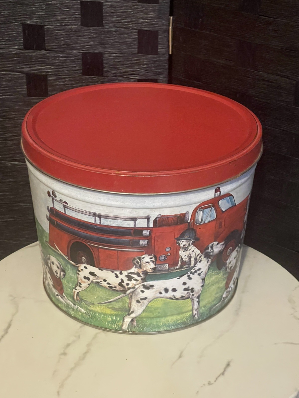 Bertels Can Company Fire Engine Dalmations Collectible Large Tin Collectible