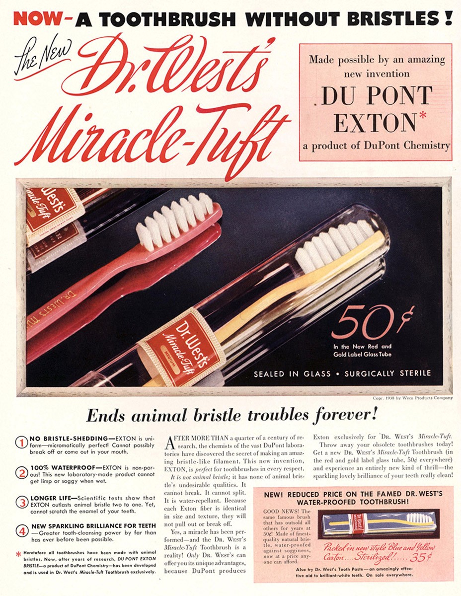 1938 Dr West’s Miracle Tuft Toothbrush: Without Bristles Vintage Print Ad