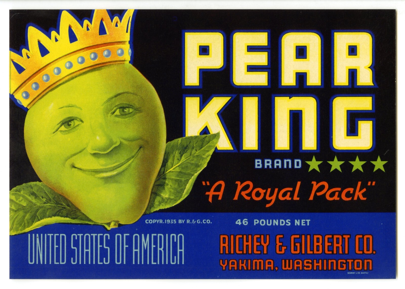 PEAR KING~RARE ORIGINAL c.1935 AUTHENTIC YAKIMA-WASHINGTON FRUIT CRATE LABEL