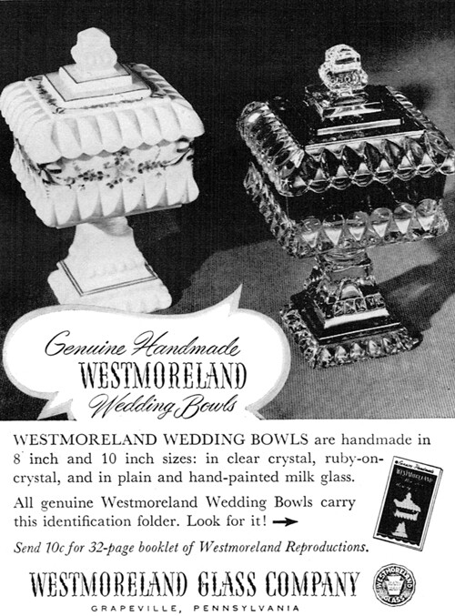 Westmoreland Painted Milk Glass Wedding Bowls Ruby on Crystal 1952 Magazine Ad