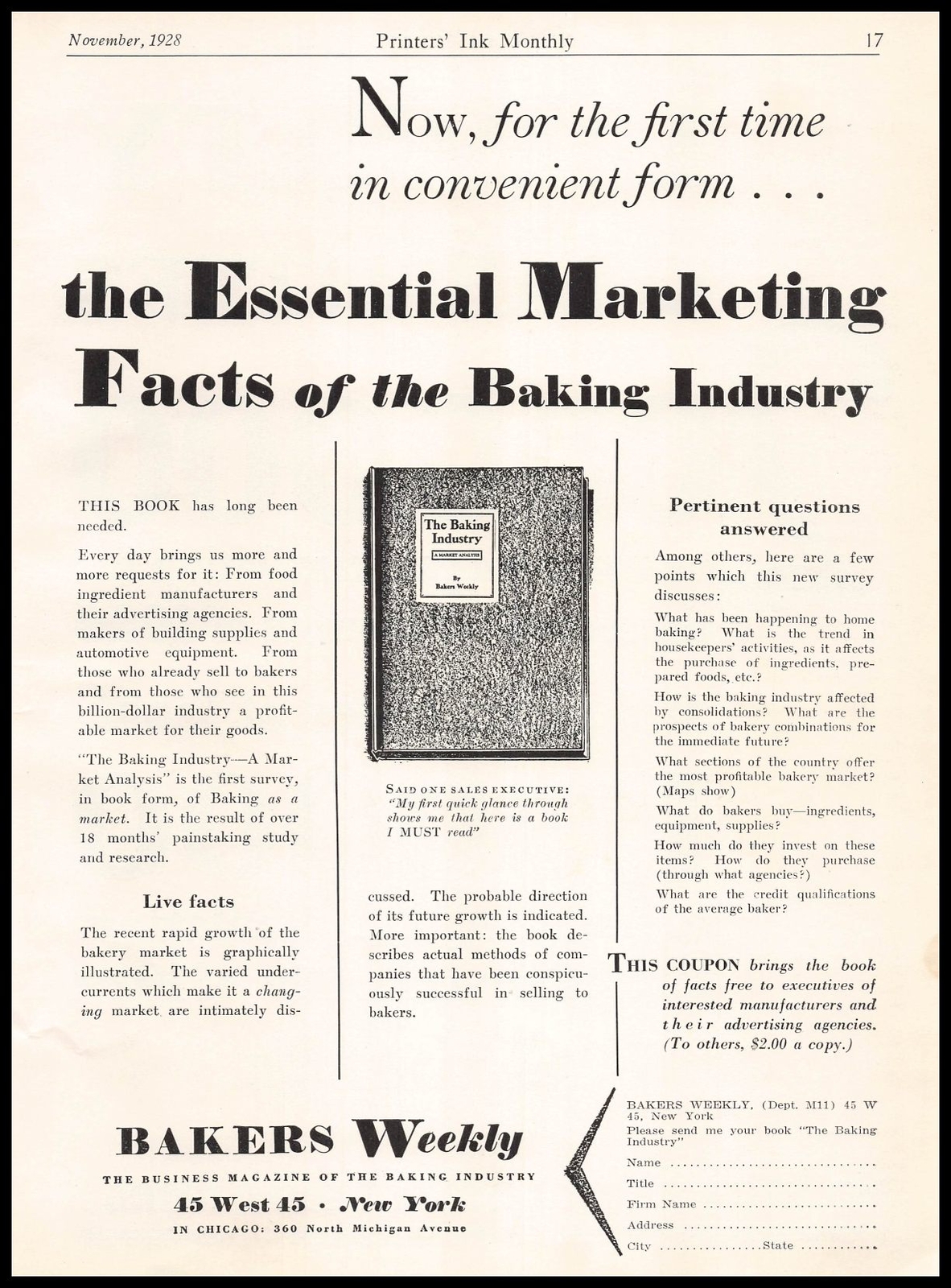 1928 Bakers Weekly New York “Baking Industry” Book Coupon Offer Vintage Print Ad