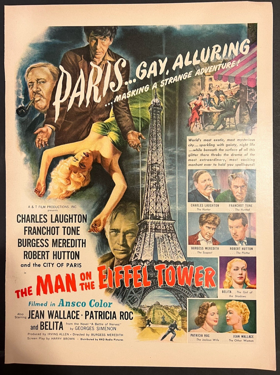 Vtg 1950s AD-The Man in the Eiffel Tower-Paris…Gay, Alluring-Thriller Film