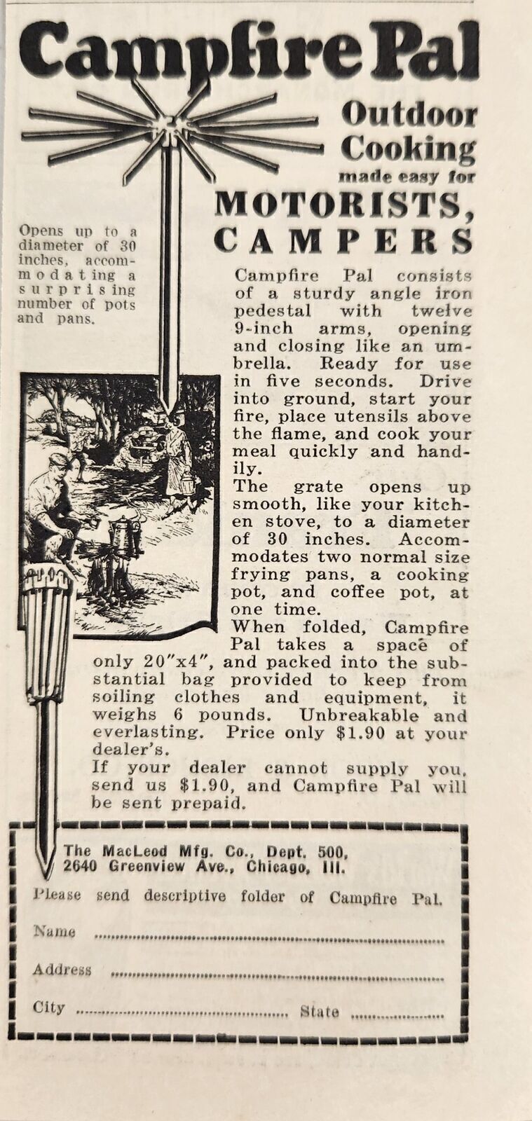 1929 Print Ad Campfire Pal Outdoor Cooking for Motorists,Campers Chicgo,Illinois