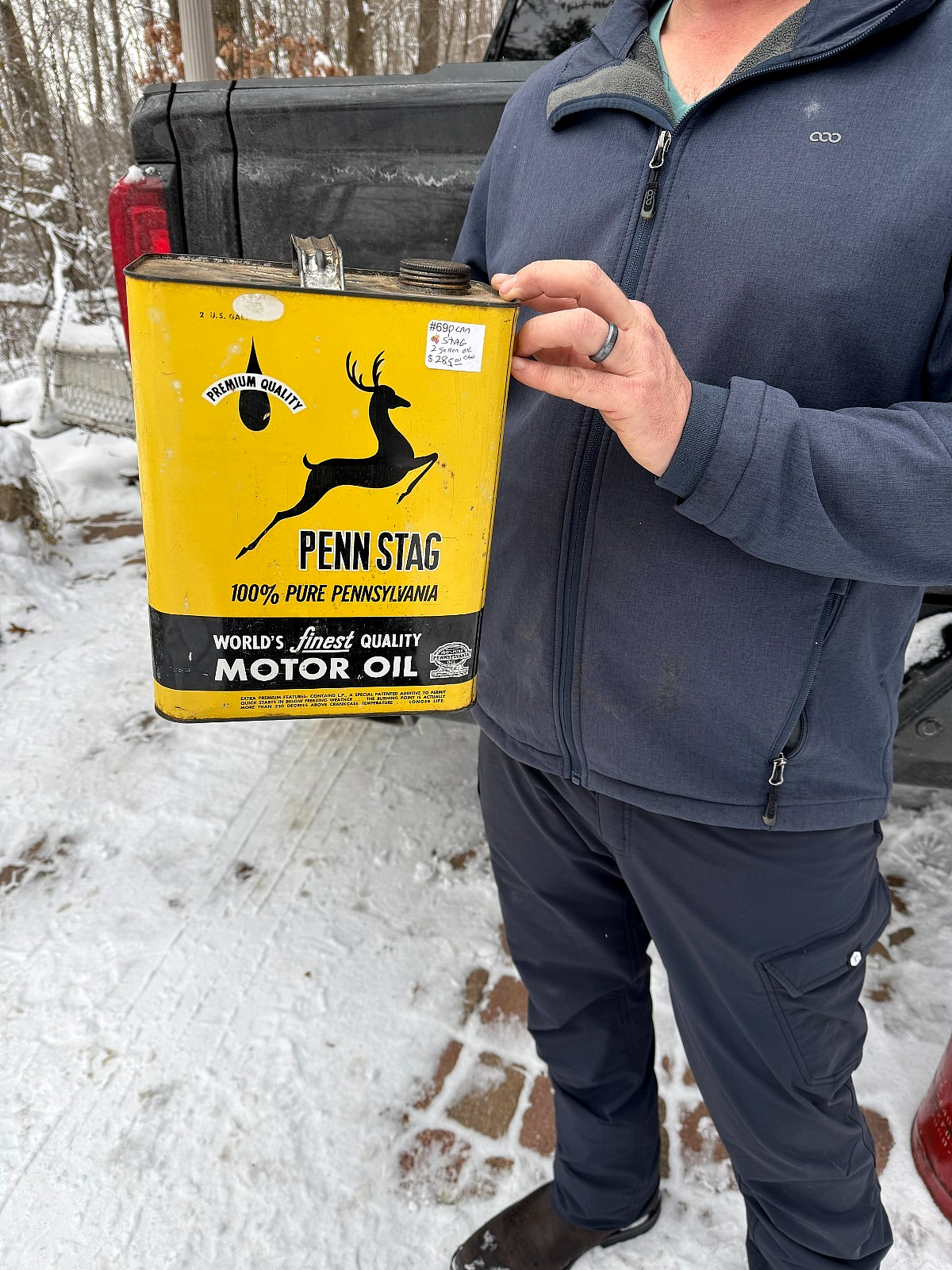 Vintage 2 gal. metal Penn Stag early Square Can Jumping deer Oil Gasoline sign