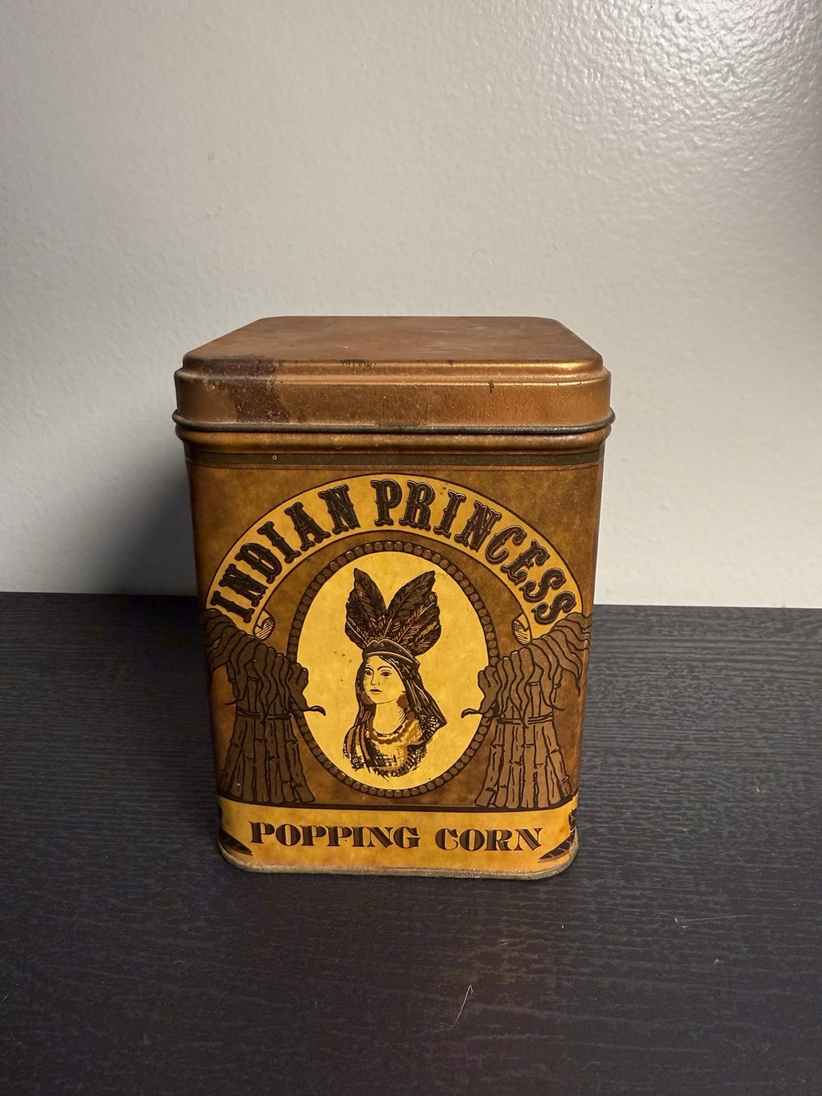 Indian Princess Popping Corn Tin Can Scott’s Co Sun Prairie 20oz Vintage Empty